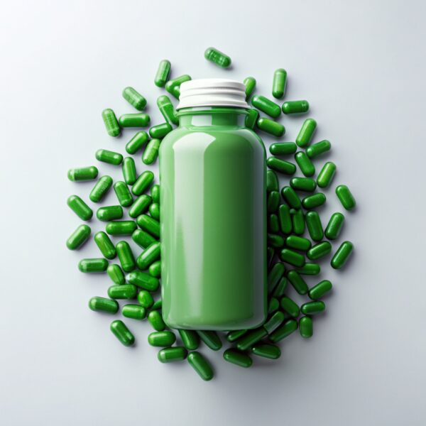 A Plastic Bottle With Green Vitamins With Some Gr A Plastic Bottle With Green Vitamins With Some Gr